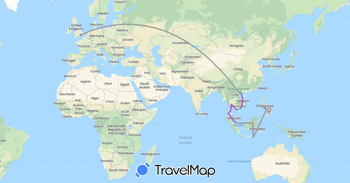 TravelMap itinerary: driving, bus, plane, train, boat in United Kingdom, Indonesia, Malaysia, Philippines, Singapore, Thailand, Vietnam (Asia, Europe)